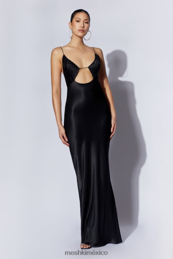 Meshki Vestido largo de satén con escote halter y pliegues Sadie negro ropa H48F8H629