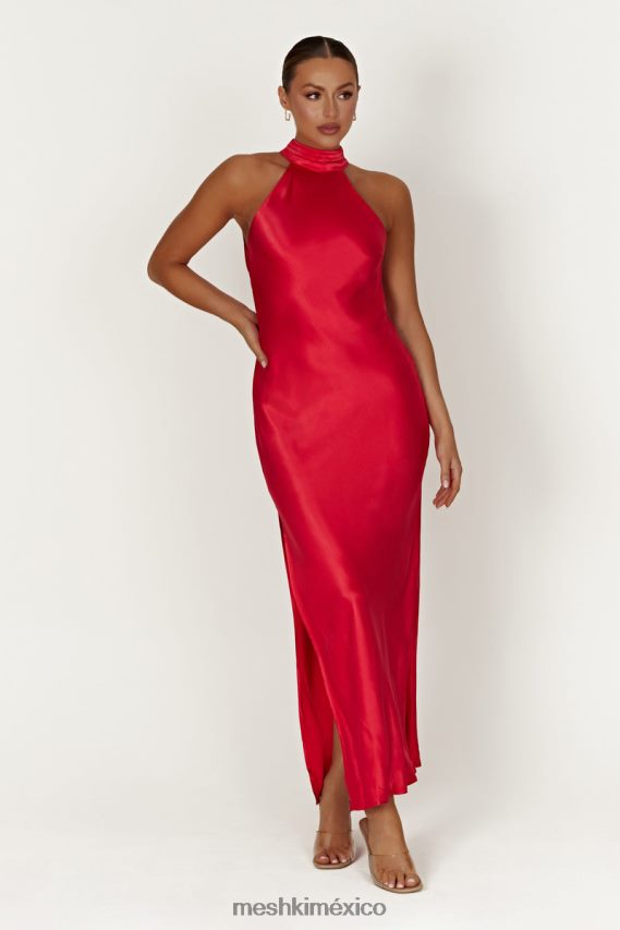 Meshki Vestido largo de satén con espalda drapeada y abertura Claire rojo ropa H48F8H234