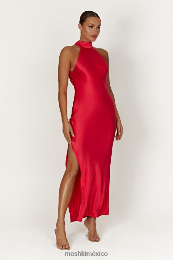 Meshki Vestido largo de satén con espalda drapeada y abertura Claire rojo ropa H48F8H234