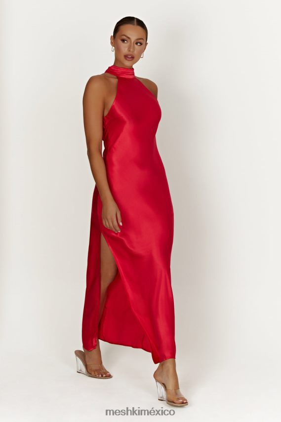 Meshki Vestido largo de satén con espalda drapeada y abertura Claire rojo ropa H48F8H234
