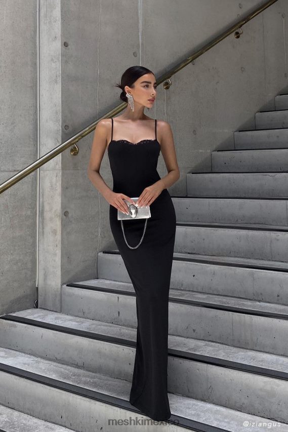 Meshki vestido largo amorette con ribetes de encaje negro ropa H48F8H287