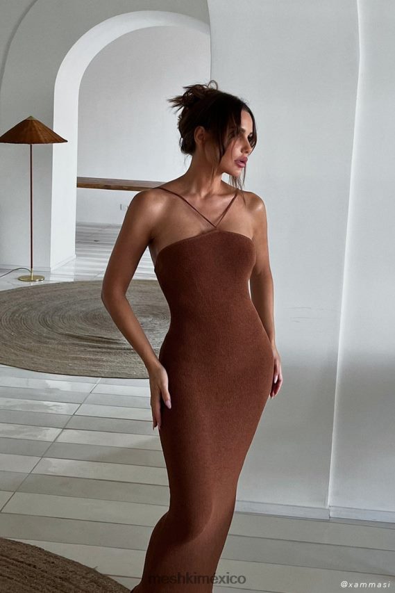 Meshki vestido largo asimétrico recto de punto con cuello halter aryana arcilla ropa H48F8H727