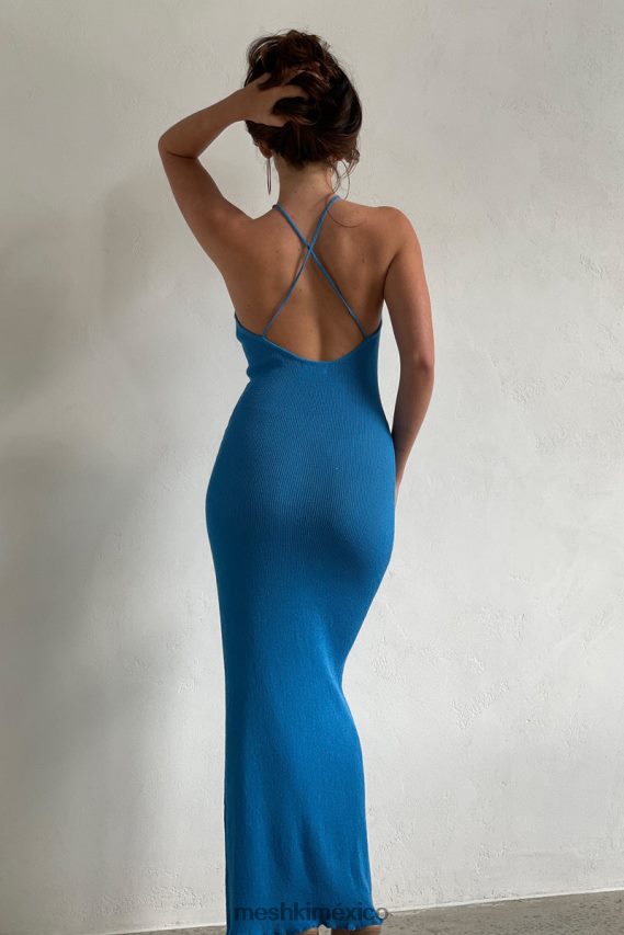 Meshki vestido largo asimétrico recto de punto con cuello halter aryana azul celeste ropa H48F8H707