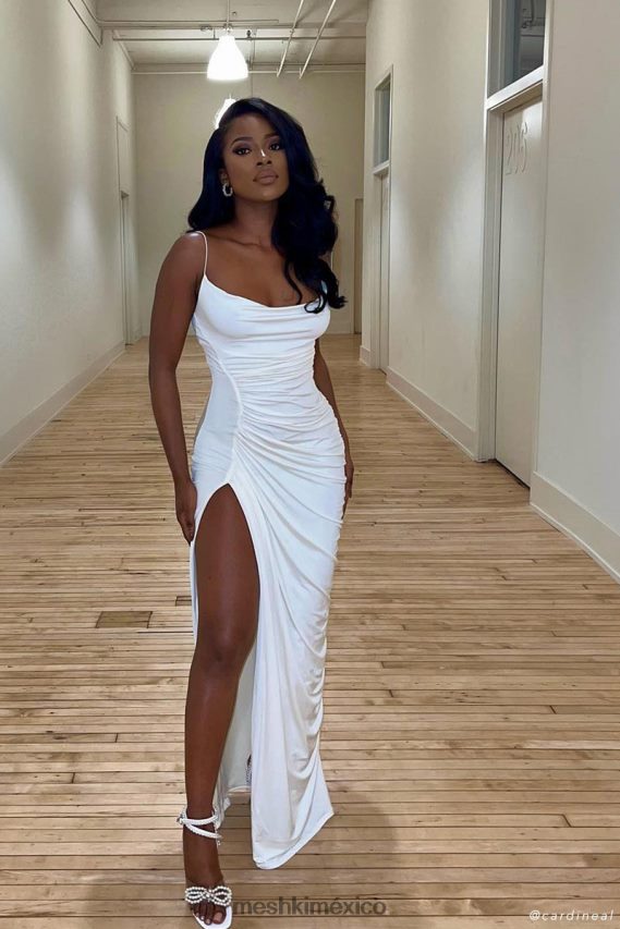 Meshki vestido largo candice fruncido hueso ropa H48F8H374