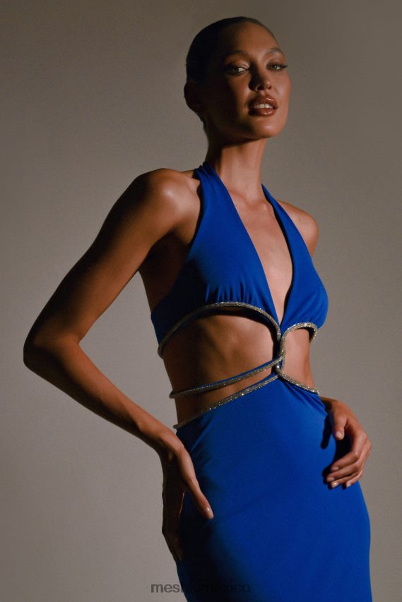Meshki vestido largo con aberturas y strass de nicha azul cobalto ropa H48F8H701