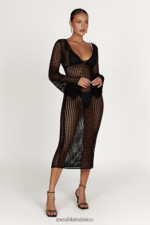 Meshki vestido largo de croché de manga larga de Murphy negro ropa H48F8H740