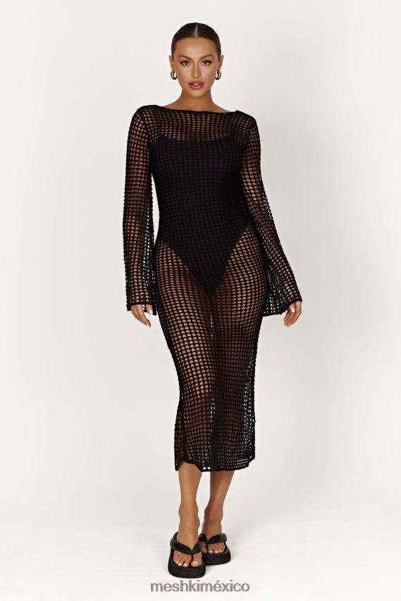 Meshki vestido largo de croché de manga larga de Murphy negro ropa H48F8H740