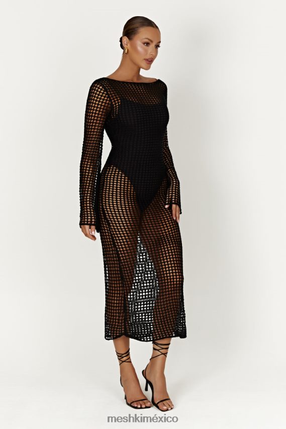 Meshki vestido largo de croché de manga larga de Murphy negro ropa H48F8H740