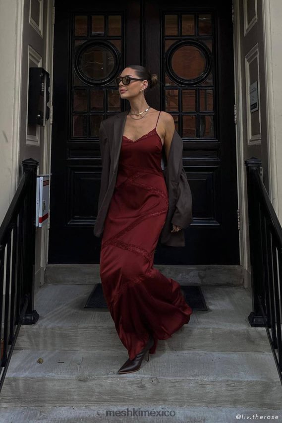 Meshki vestido largo de encaje empalmado Prue chocolate con cerezas ropa H48F8H508