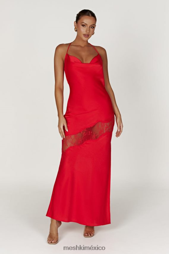 Meshki vestido largo de satén con detalle de encaje chandra rojo ropa H48F8H283