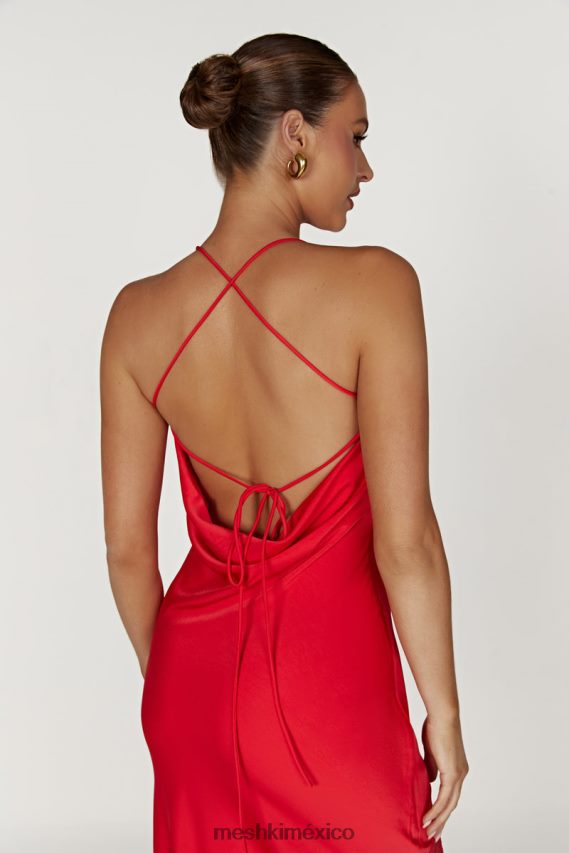 Meshki vestido largo de satén con detalle de encaje chandra rojo ropa H48F8H283