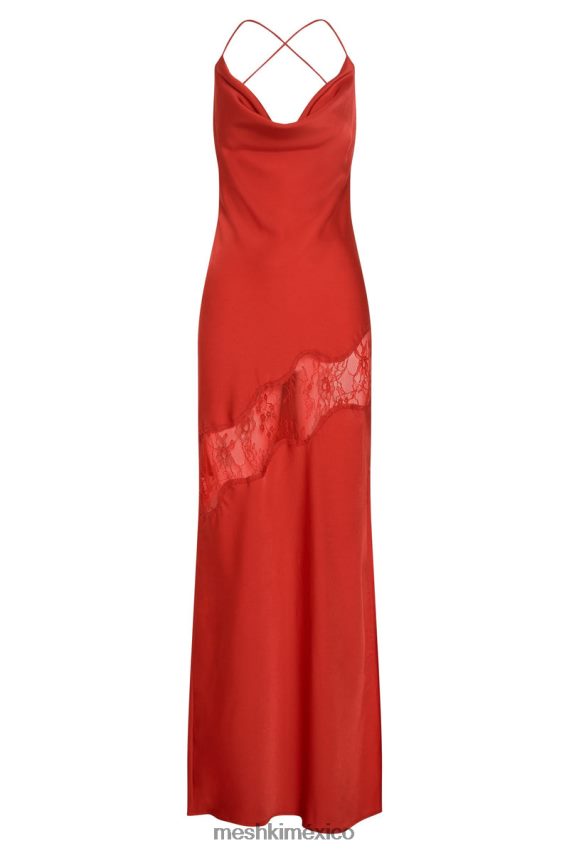 Meshki vestido largo de satén con detalle de encaje chandra rojo ropa H48F8H283
