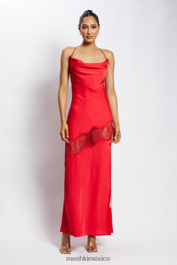 Meshki vestido largo de satén con detalle de encaje chandra rojo ropa H48F8H283