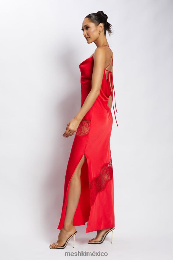 Meshki vestido largo de satén con detalle de encaje chandra rojo ropa H48F8H283