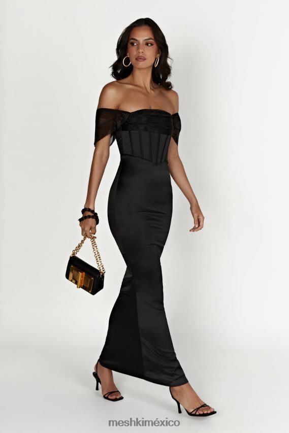 Meshki vestido largo de satén de organza con hombros descubiertos everly negro ropa H48F8H430
