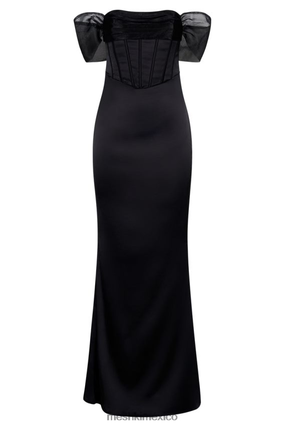 Meshki vestido largo de satén de organza con hombros descubiertos everly negro ropa H48F8H430