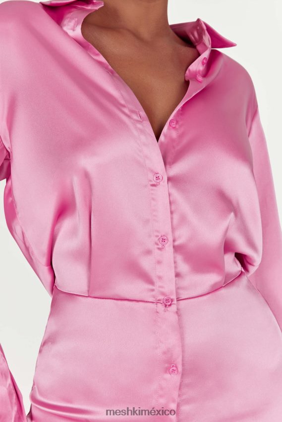 Meshki vestido camisero de satén brielle rosa chicle ropa H48F8H599