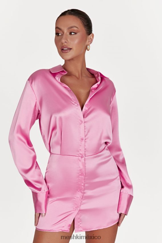 Meshki vestido camisero de satén brielle rosa chicle ropa H48F8H599