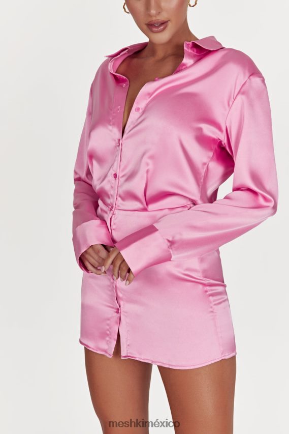 Meshki vestido camisero de satén brielle rosa chicle ropa H48F8H599