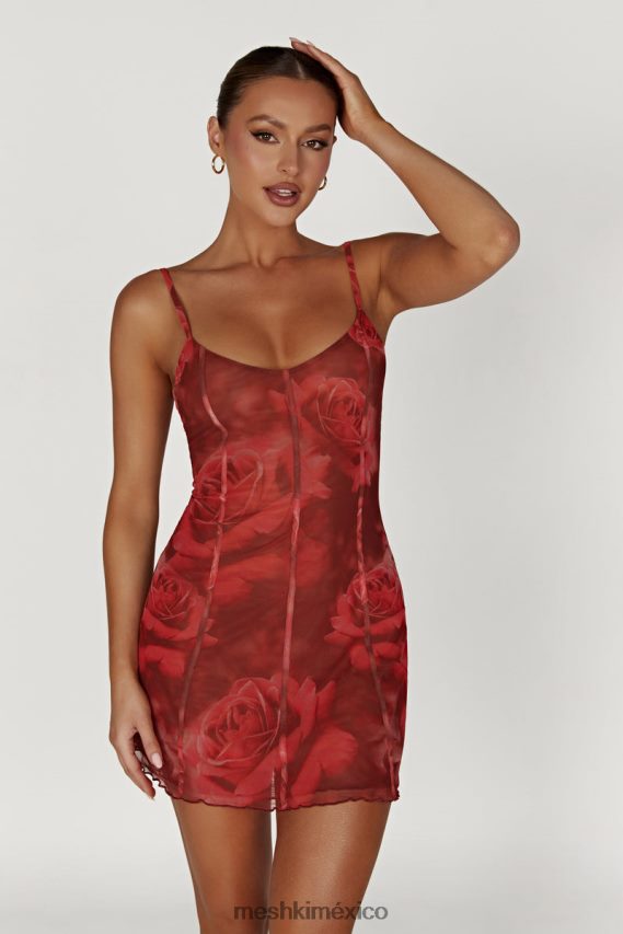 Meshki vestido corto Esther con paneles de malla estampado de rosas de gran tamaño ropa H48F8H565