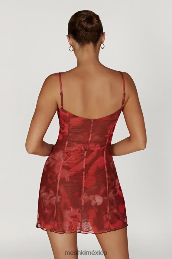 Meshki vestido corto Esther con paneles de malla estampado de rosas de gran tamaño ropa H48F8H565