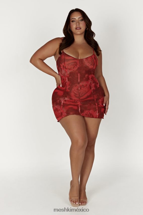 Meshki vestido corto Esther con paneles de malla estampado de rosas de gran tamaño ropa H48F8H565