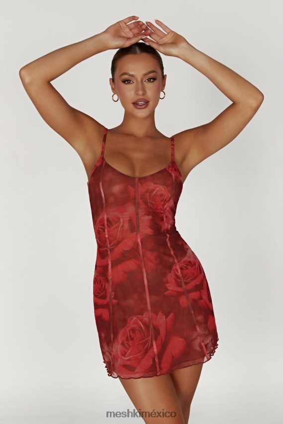 Meshki vestido corto Esther con paneles de malla estampado de rosas de gran tamaño ropa H48F8H565
