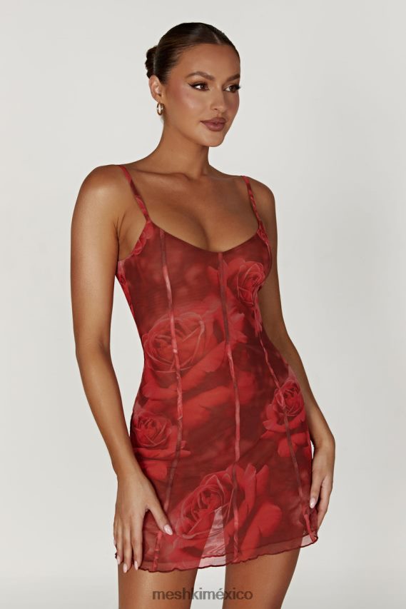 Meshki vestido corto Esther con paneles de malla estampado de rosas de gran tamaño ropa H48F8H565