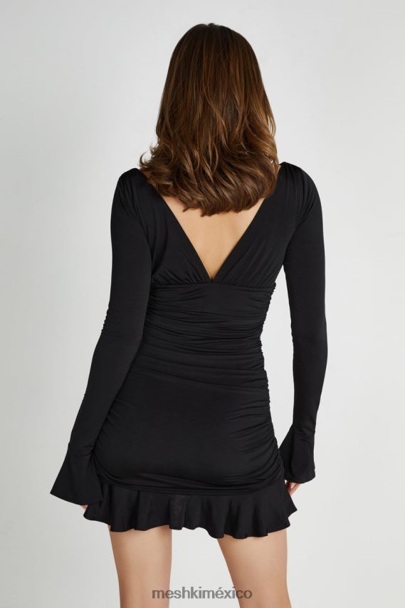 Meshki vestido corto Leanne de punto fruncido negro ropa H48F8H252