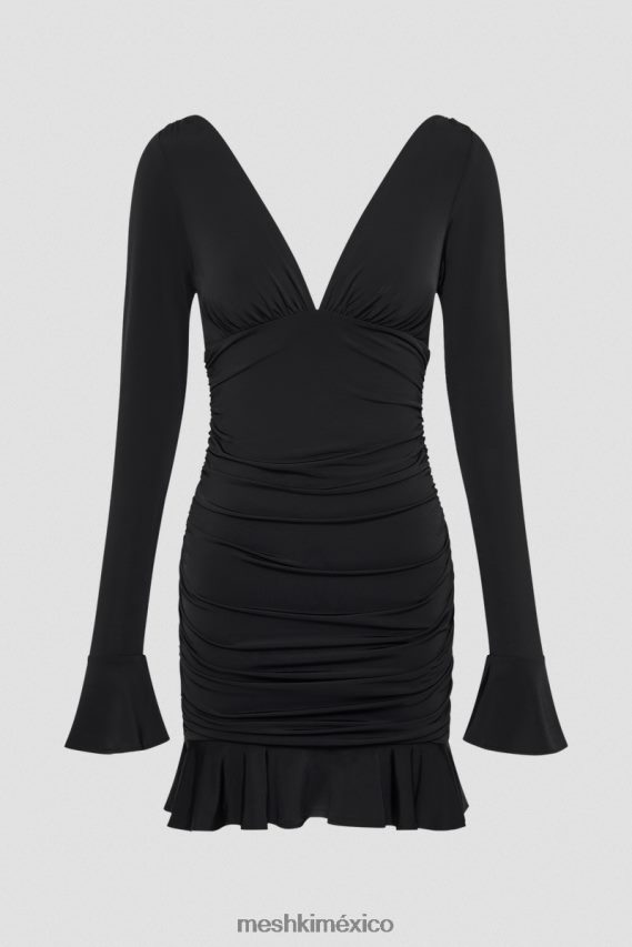 Meshki vestido corto Leanne de punto fruncido negro ropa H48F8H252