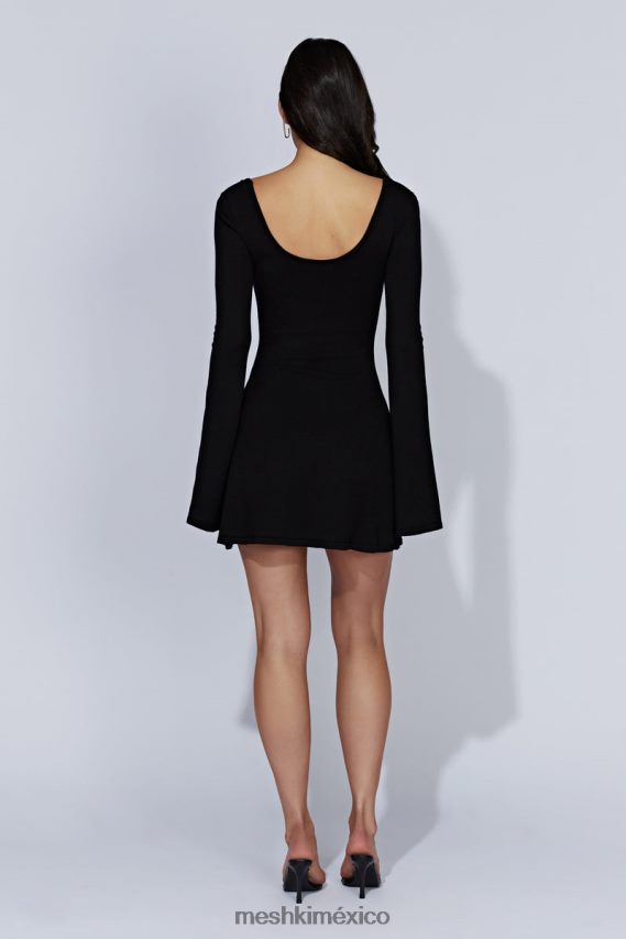 Meshki vestido corto birdie de punto de manga larga negro ropa H48F8H426