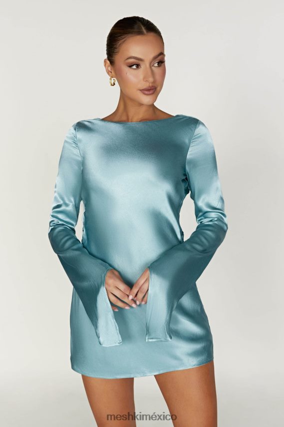 Meshki vestido corto de satén de manga larga davina azul pálido ropa H48F8H347