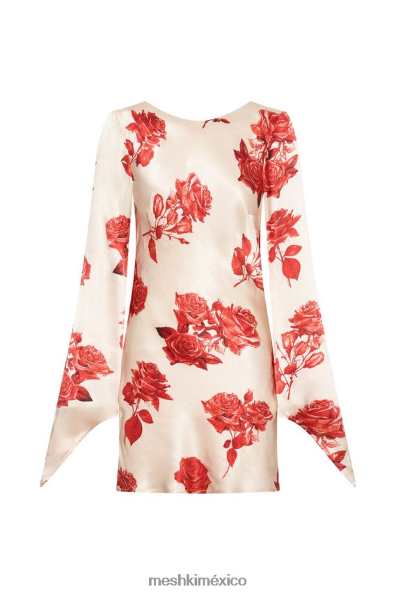 Meshki vestido corto de satén de manga larga davina estampado de rosas ropa H48F8H258