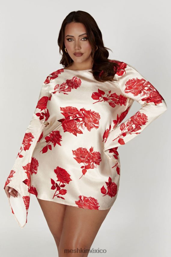 Meshki vestido corto de satén de manga larga davina estampado de rosas ropa H48F8H258