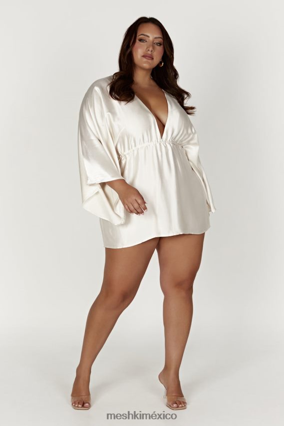 Meshki vestido corto estilo kimono plisado esmerlda Marfil ropa H48F8H563