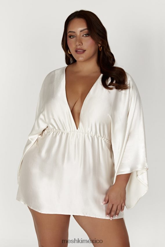 Meshki vestido corto estilo kimono plisado esmerlda Marfil ropa H48F8H563