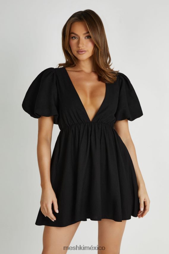 Meshki vestido corto myrah de lino con mangas abullonadas negro ropa H48F8H226