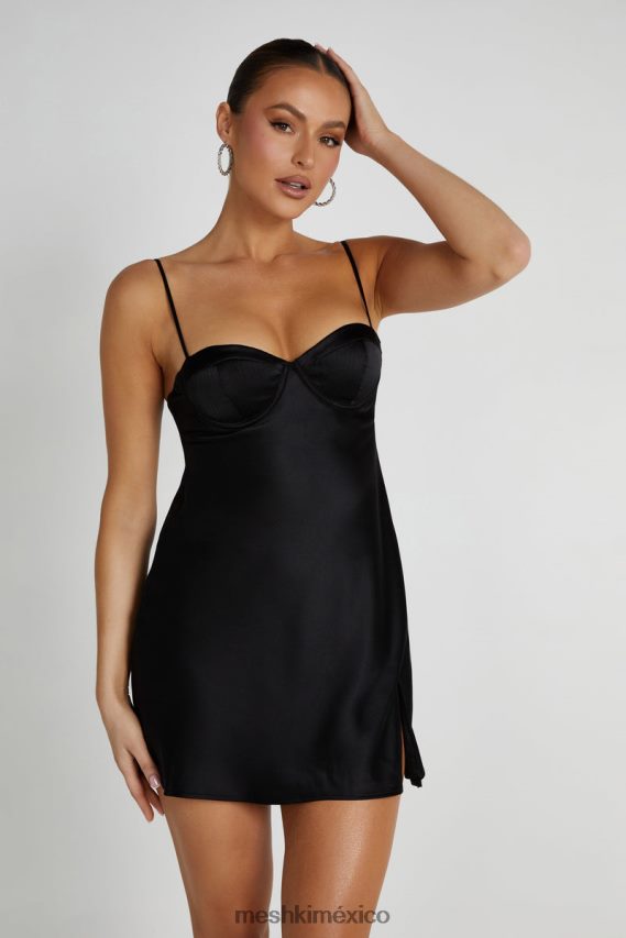 Meshki vestido corto zahli de satén con puntadas superiores negro ropa H48F8H225