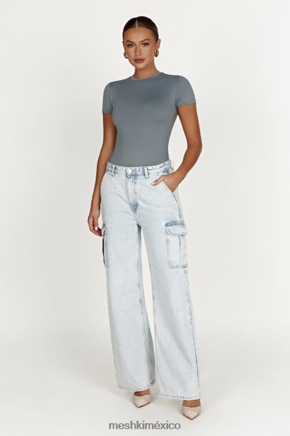 Meshki body francesca de nailon reciclado con cuello redondo y manga corta carbón ligero ropa H48F8H869