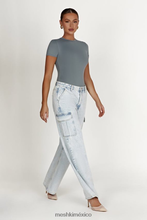 Meshki body francesca de nailon reciclado con cuello redondo y manga corta carbón ligero ropa H48F8H869