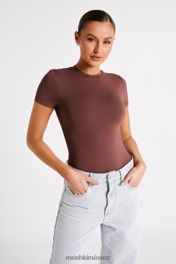 Meshki body francesca de nailon reciclado con cuello redondo y manga corta moca ropa H48F8H772