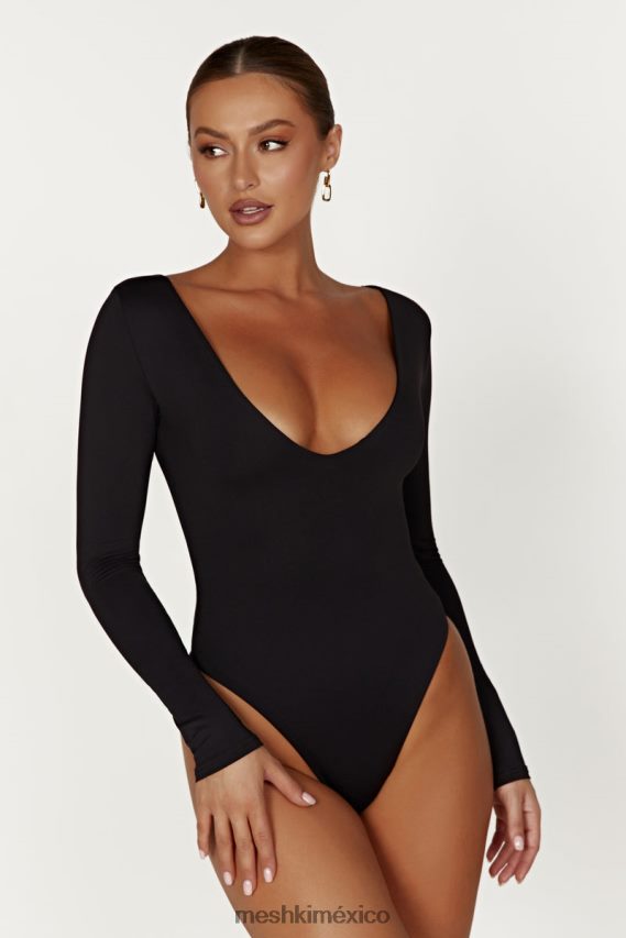 Meshki body nia de manga larga con cuello en v negro ropa H48F8H951