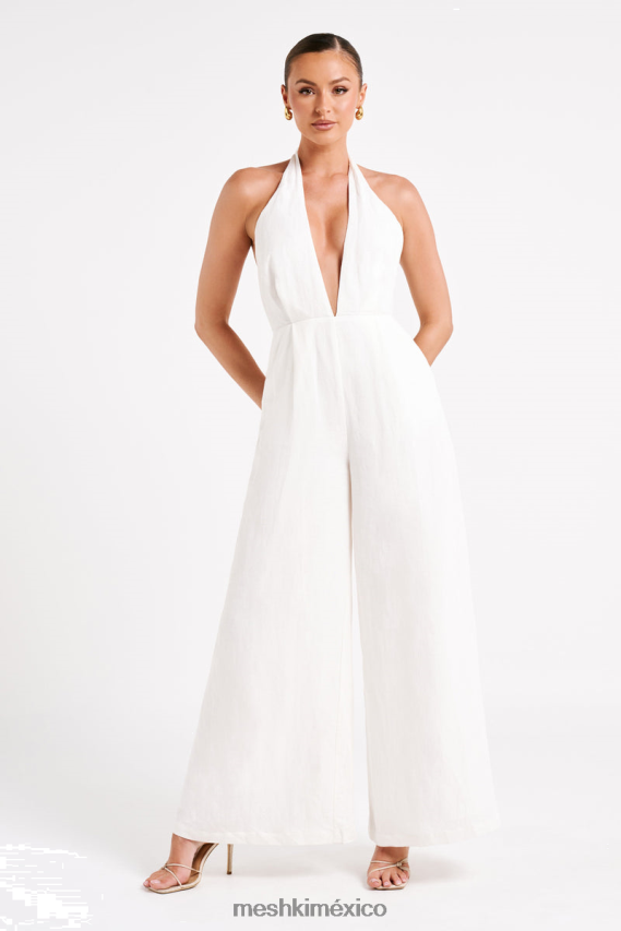 Meshki mono blanco de lino con cuello halter blanco ropa H48F8H1231