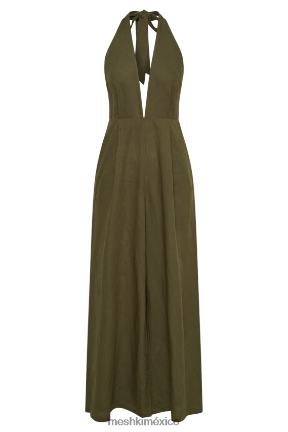 Meshki mono blanco de lino con cuello halter caqui ropa H48F8H1226