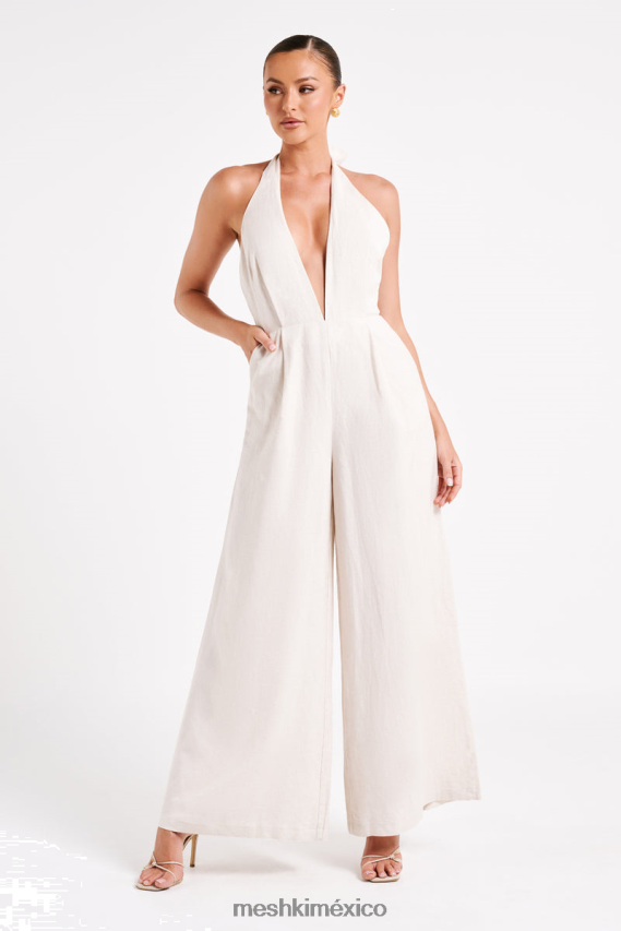 Meshki mono blanco de lino con cuello halter natural ropa H48F8H1228
