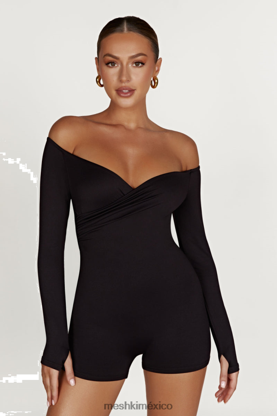 Meshki mono corto aisling de nailon reciclado con hombros descubiertos negro ropa H48F8H1390