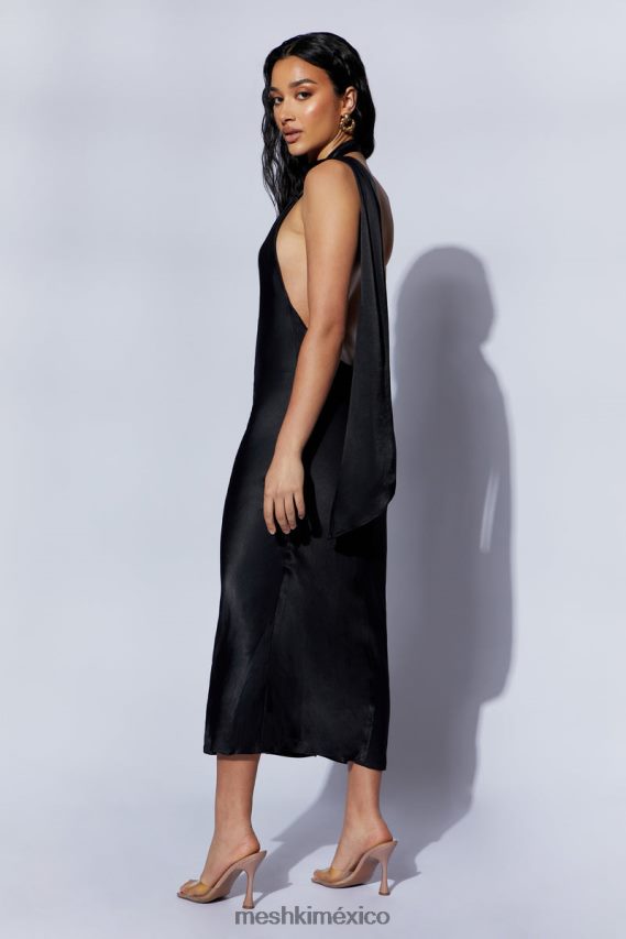 Meshki vestido midi acampanado cruzado con cuello astrella negro ropa H48F8H449