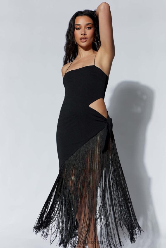 Meshki vestido midi cruzado con flecos de yasmin negro ropa H48F8H625