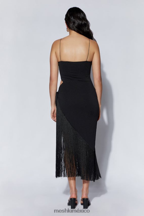 Meshki vestido midi cruzado con flecos de yasmin negro ropa H48F8H625