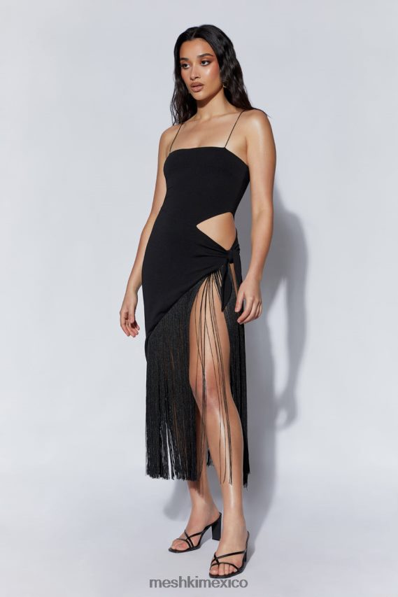 Meshki vestido midi cruzado con flecos de yasmin negro ropa H48F8H625
